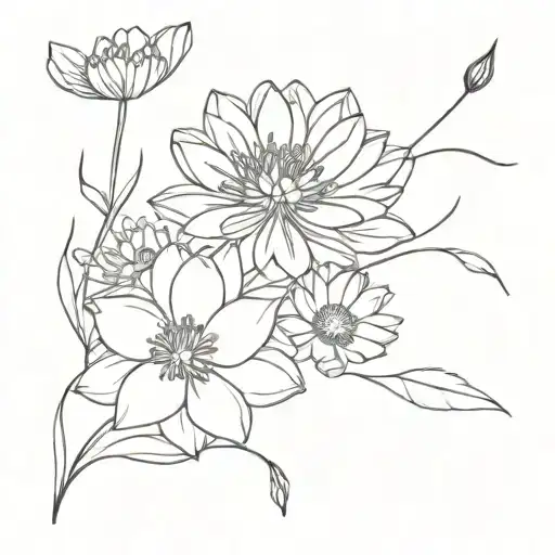 chrysanthemum, poppy and water lily flowers intertwined tattoo design idea