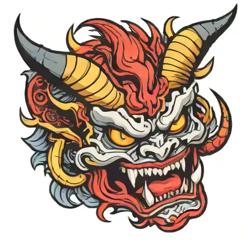 oni mask with dragon emerging from eye socket tattoo design idea