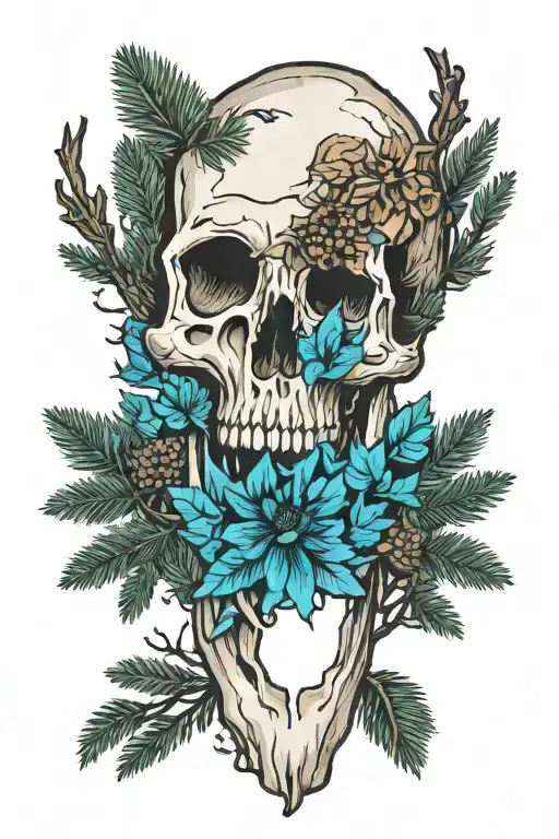 Bear skull with pines and treea around tattoo design idea