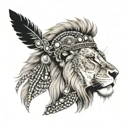lion with a headdress with beaded headband tattoo design idea