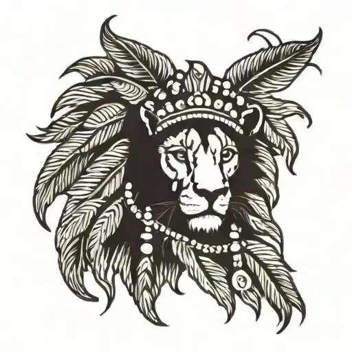 lion with a headdress with beaded headband tattoo design idea