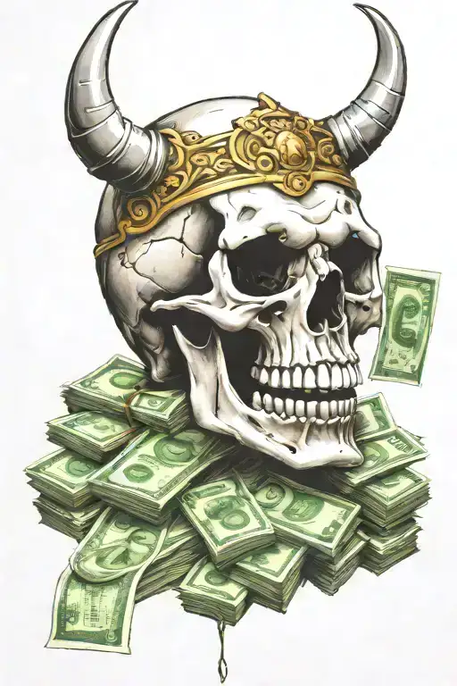 skull with smoked stack of money in teeth claws tattoo design idea