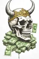 skull with smoked stack of money in teeth claws tattoo design idea