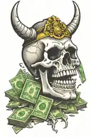 skull with smoked stack of money in teeth claws tattoo design idea