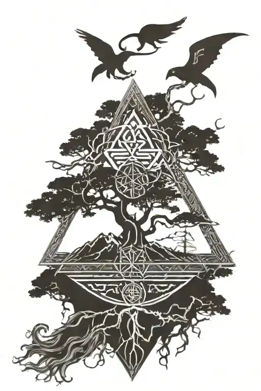 yggdrasil, valknut, vegvisir, jormungandr symbols tattoo design idea