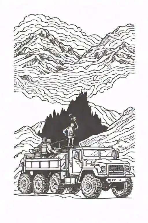 Combine a vintage military vehicle with a silhouette of your family members in front of a mountain landscape tattoo design idea