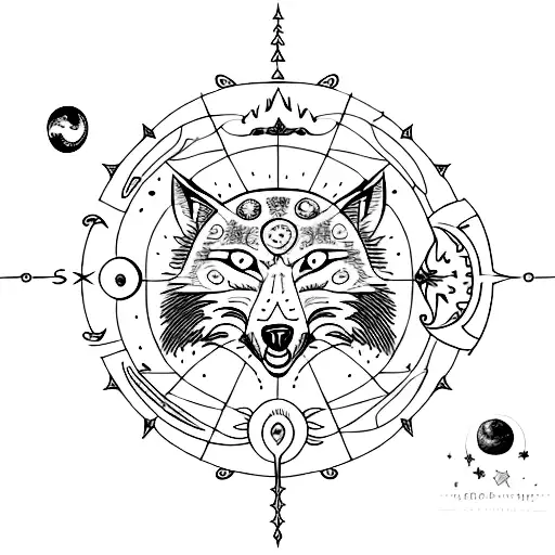 An astrology-inspired tattoo showcasing a blackwork illustration of a wolf howling at the moon, surrounded by celestial elements like stars and planets tattoo design idea