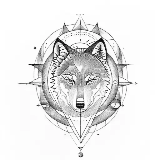 An astrology-inspired tattoo showcasing a blackwork illustration of a wolf howling at the moon, surrounded by celestial elements like stars and planets tattoo design idea