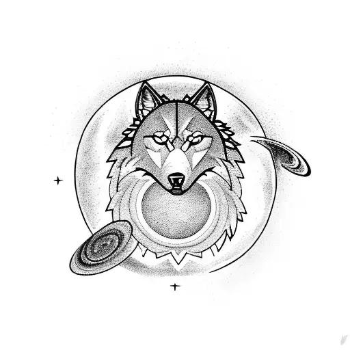An astrology-inspired tattoo showcasing a blackwork illustration of a wolf howling at the moon, surrounded by celestial elements like stars and planets tattoo design idea