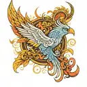 An abstract phoenix design incorporating elements of famous paintings, showcasing the fusion of art and mythology tattoo design idea