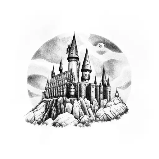 A blackwork tattoo of the Hogwarts castle surrounded by a pack of dogs, symbolizing the client's love for Harry Potter and dogs tattoo design idea