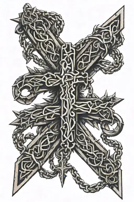 necklace made by thorns with cross on the end, chain wrapped arpund the arm and cross on forearm tattoo design idea