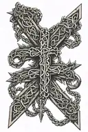 necklace made by thorns with cross on the end, chain wrapped arpund the arm and cross on forearm tattoo design idea