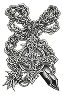 necklace made by thorns with cross on the end, chain wrapped arpund the arm and cross on forearm tattoo design idea