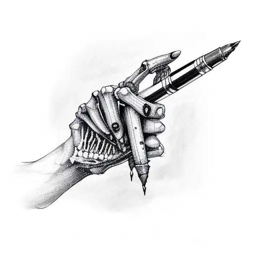 A skeletal hand holding a graphic design pen dripping with ink tattoo design idea