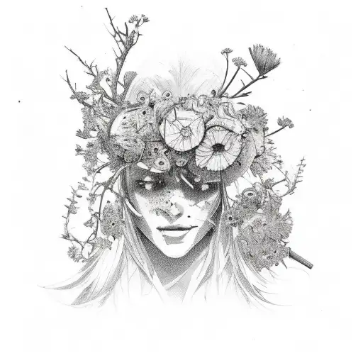 A broken chainsaw with flowers growing out of it, symbolizing the strength gained from fighting personal demons and embracing the beauty in life's challenges tattoo design idea
