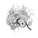 A broken chainsaw with flowers growing out of it, symbolizing the strength gained from fighting personal demons and embracing the beauty in life's challenges tattoo design idea