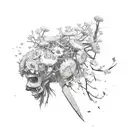 A broken chainsaw with flowers growing out of it, symbolizing the strength gained from fighting personal demons and embracing the beauty in life's challenges tattoo design idea