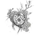 A broken chainsaw with flowers growing out of it, symbolizing the strength gained from fighting personal demons and embracing the beauty in life's challenges tattoo design idea