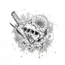 A broken chainsaw with flowers growing out of it, symbolizing the strength gained from fighting personal demons and embracing the beauty in life's challenges tattoo design idea