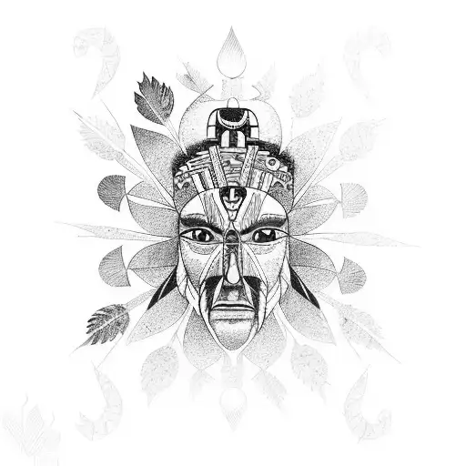 A geometric representation of a native American totem pole with floral elements tattoo design idea