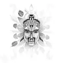 A geometric representation of a native American totem pole with floral elements tattoo design idea