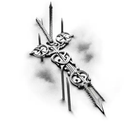 a black and white drawing of a cross, by Konrad Krzyżanowski, deviantart, gothic art, long metal spikes, spinal column,  tattoo design idea