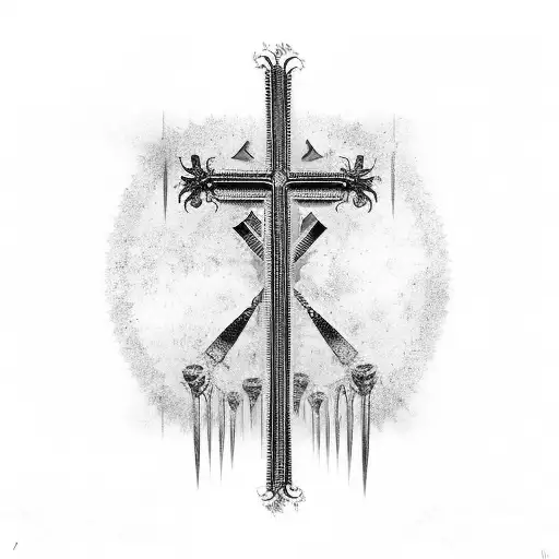 a black and white drawing of a cross, by Konrad Krzyżanowski, deviantart, gothic art, long metal spikes, spinal column,  tattoo design idea