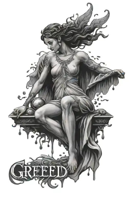 the goddess is an angel with closed eyes with a scale on which coins are poured at the bottom the inscription greed tattoo design idea
