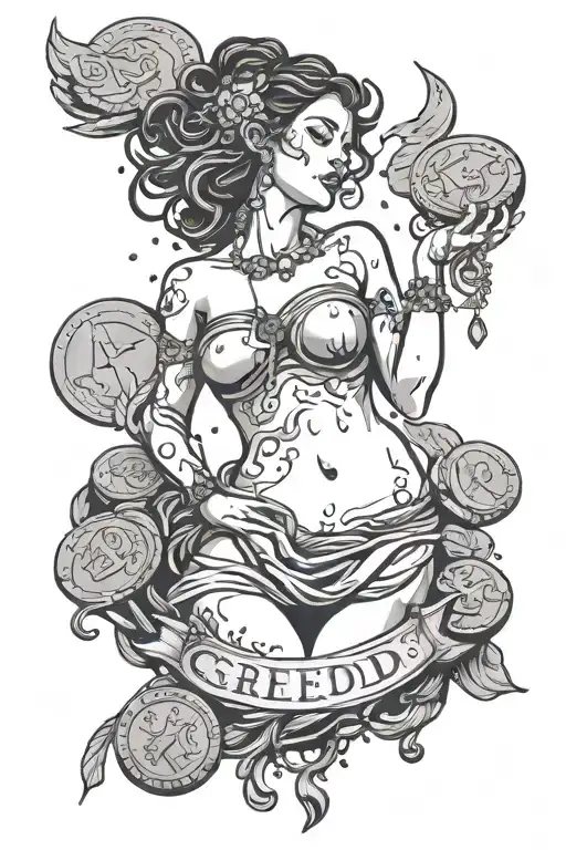 a goddess with her eyes closed with a scale on which coins are showered at the bottom the inscription GREED  tattoo design idea