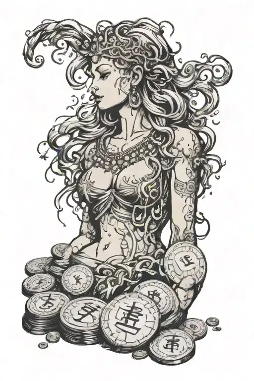 the goddess with her eyes closed is a scale on which coins are showered with the inscription GREED at the bottom tattoo design idea
