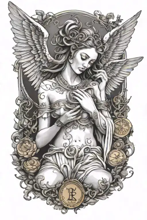 the goddess is an angel with closed eyes with a scale on which coins are poured at the bottom the inscription greed tattoo design idea