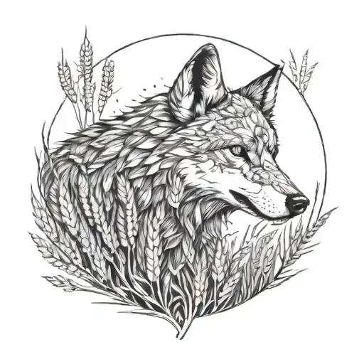 A field of wheat with a hidden wolf silhouette among the crops tattoo design idea