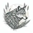 A field of wheat with a hidden wolf silhouette among the crops tattoo design idea