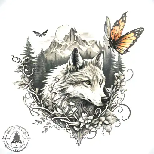 tank, tinkerbell,ladybug,butterfly,mountain,wolf in a forest  tattoo design idea