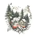 tank, tinkerbell,ladybug,butterfly,mountain,wolf in a forest  tattoo design idea