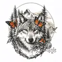 tank, tinkerbell,ladybug,butterfly,mountain,wolf in a forest  tattoo design idea