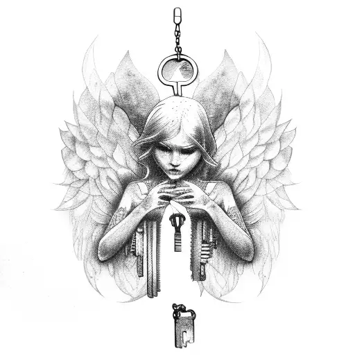 Fallen angel surrounded by locks and keys tattoo design idea