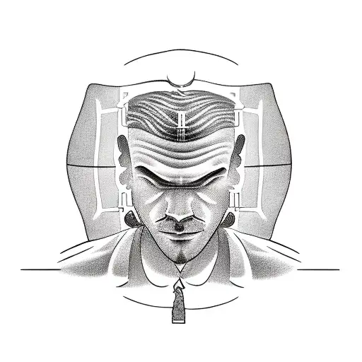 A tatto of a man half seating on a chair looking outside a cell window seeing spheres and world's collides tattoo design idea