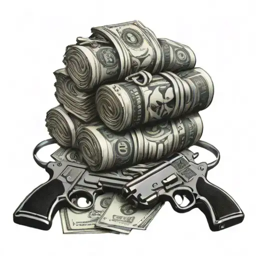 A stylized stack of cash with guns intertwined, representing the client's love for wildout guns money tattoo design idea