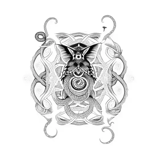 gothic style sleeve with snakes, a moth and mandala pattern tattoo design idea