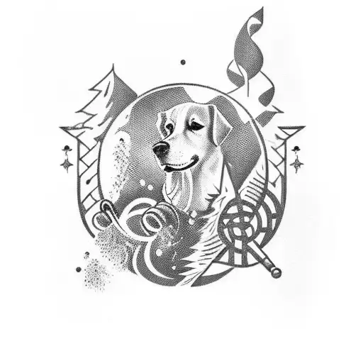 A snowboarding themed tattoo design with elements of a golden retriever and a soccer ball, intertwined with musical notes symbolizing jazz bass, set against a backdrop of Irish symbols tattoo design idea