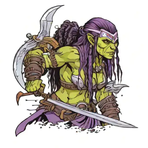 female Half-orc barbarian with war axe. purple skin. dread locks for hair. white eyes. pronounced jaw. muscular  tattoo design idea