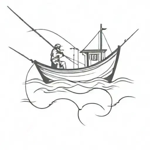 simple fishing boat with casted fishing rod held on boat alone tattoo design idea