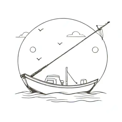 simple boat with casted fishing rod tattoo design idea