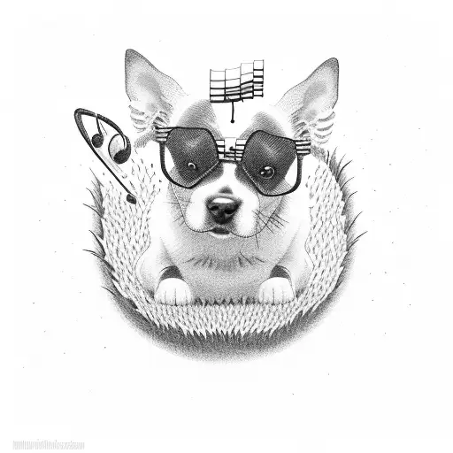 A dog lying on a grassy meadow, surrounded by floating books and musical instruments tattoo design idea