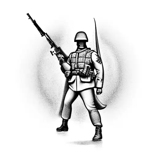 A silhouette of a soldier in action, surrounded by a halo of stars, representing the dedication and sacrifice of military service tattoo design idea