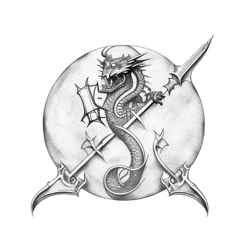 Red Dragon, D&D, D20 Dice, Sword, Axe, Shield tattoo design idea