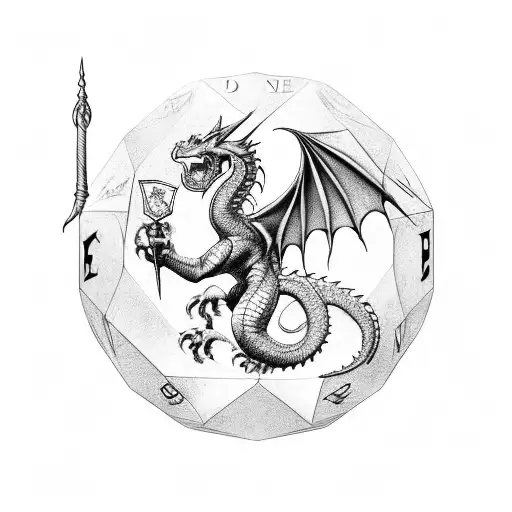 Red Dragon in the center, D20 Dice in the center below, an axe and sword crossed at the back in the center of a shield tattoo design idea