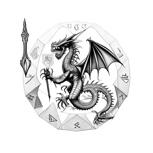 Red Dragon in the center, D20 Dice in the center below, an axe and sword crossed at the back in the center of a shield tattoo design idea